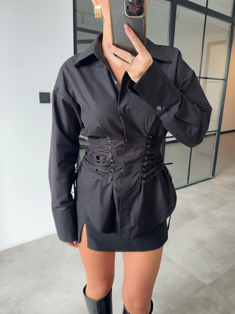 KUŞGÖZLÜ İP BAĞLAMALI SİYAH TASARIM GÖMLEK