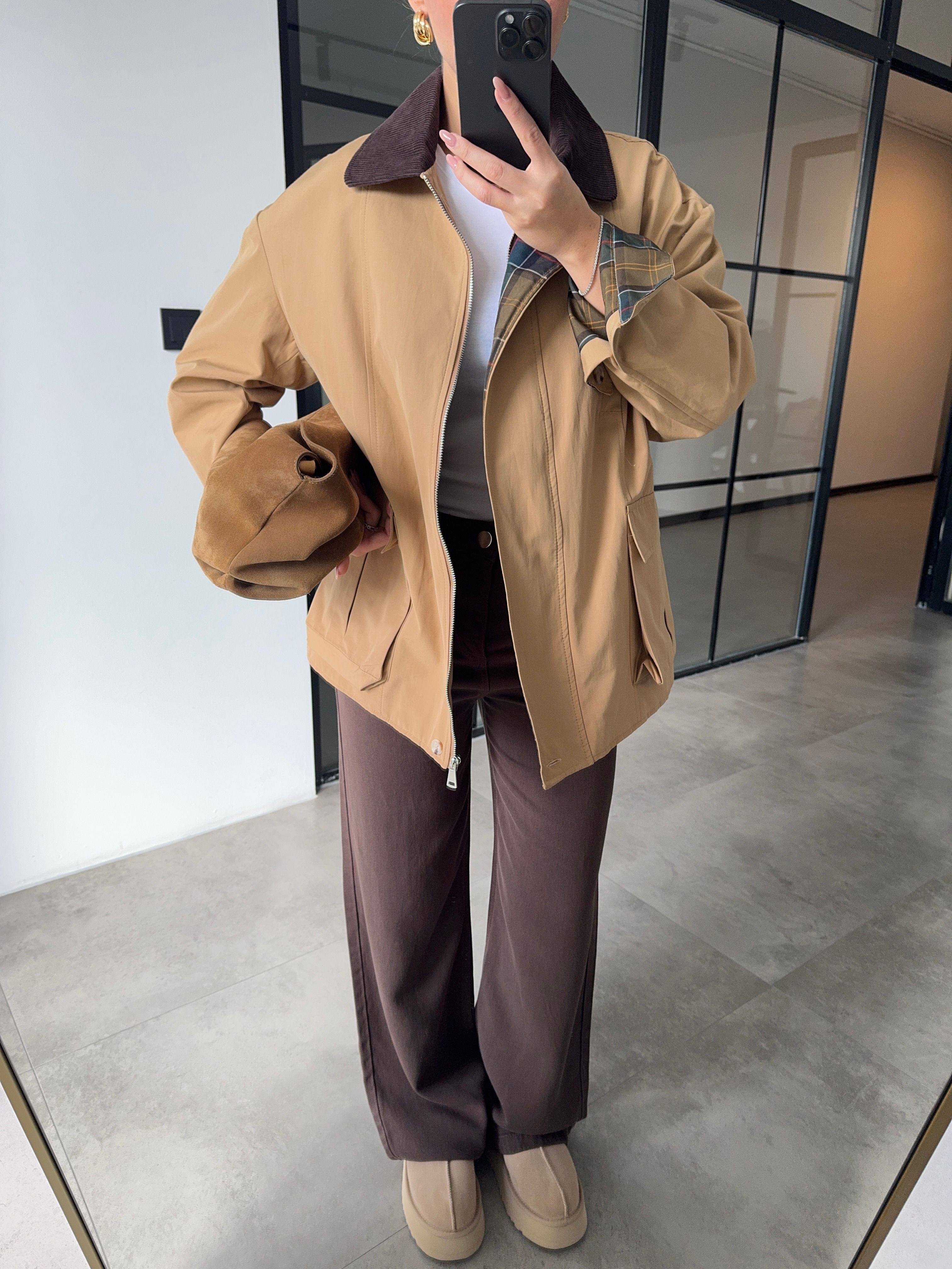 KADİFE YAKALI EKOSE ASTARLI CAMEL CEKET