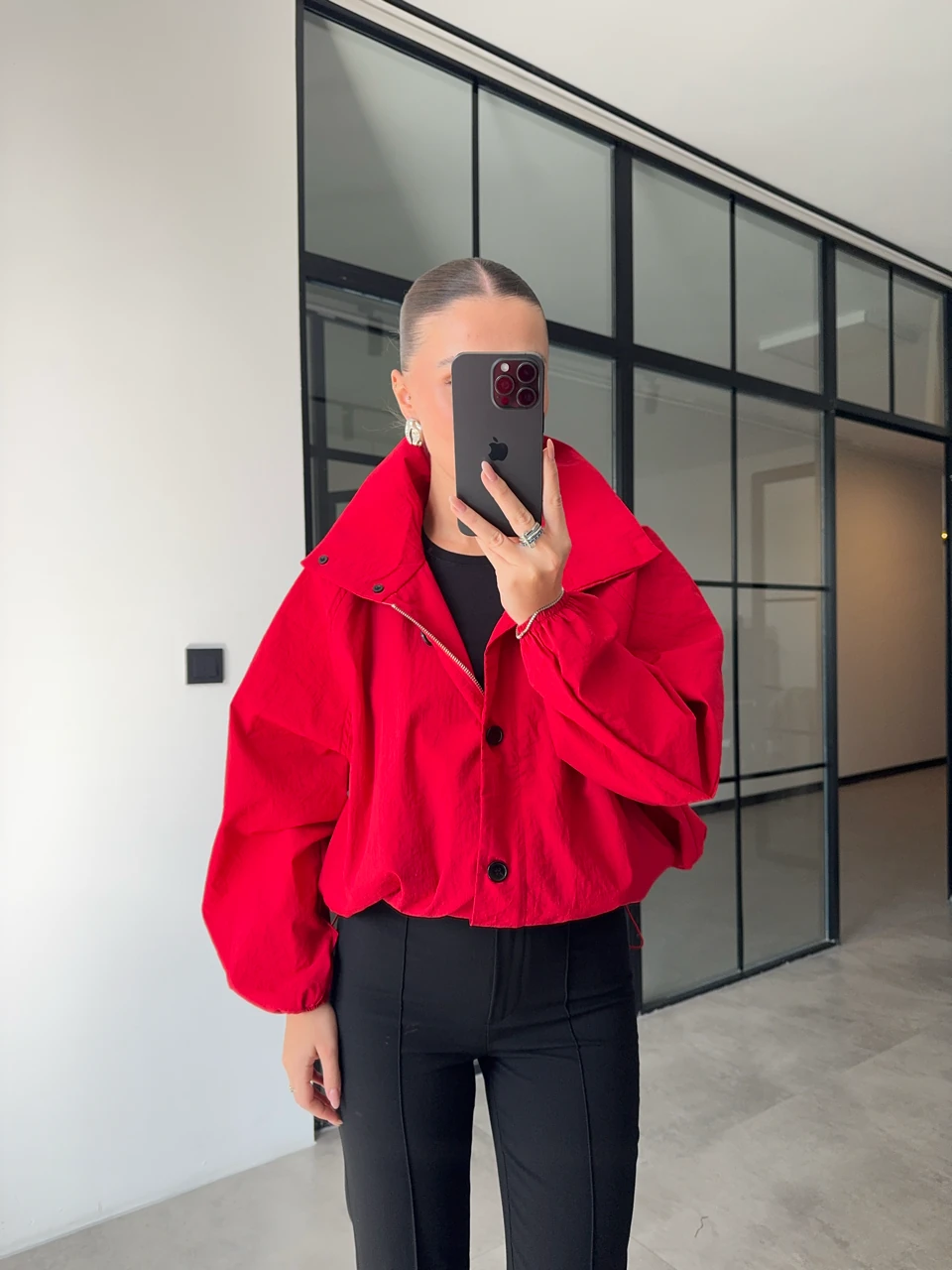 KIRMIZI DİK YAKA BOMBER CEKET