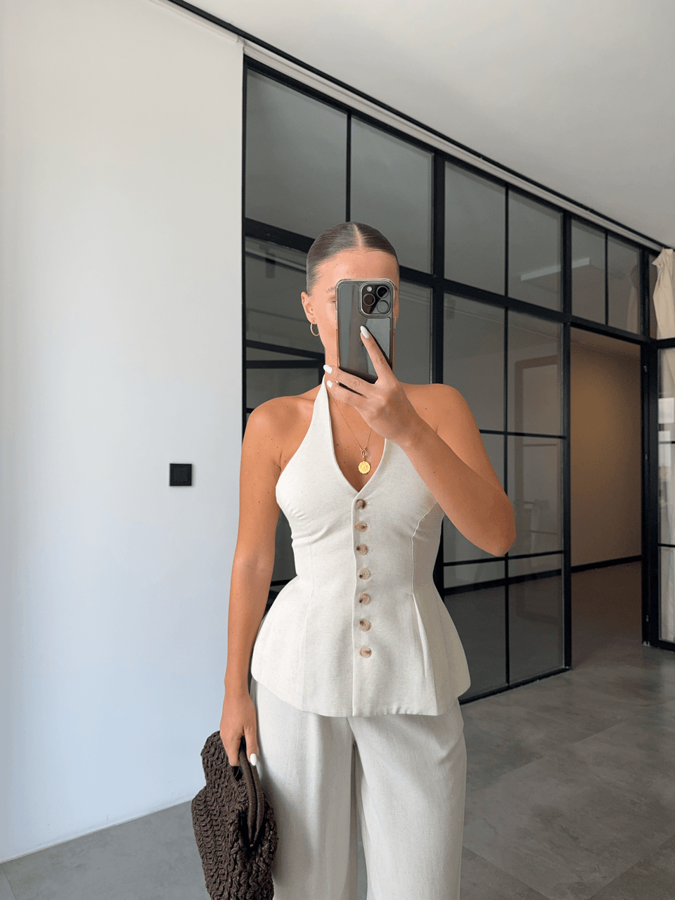 BOYUNDAN GEÇMELİ YELEK PANTOLON NATURAL KETEN TAKIM