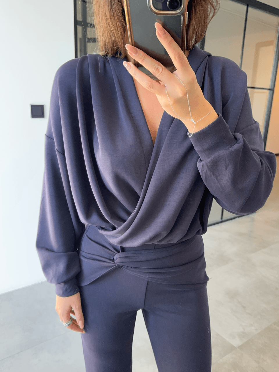 DÜĞÜMLÜ PANTOLON KRUVAZE SWEAT LACİVERT MODAL TAKIM