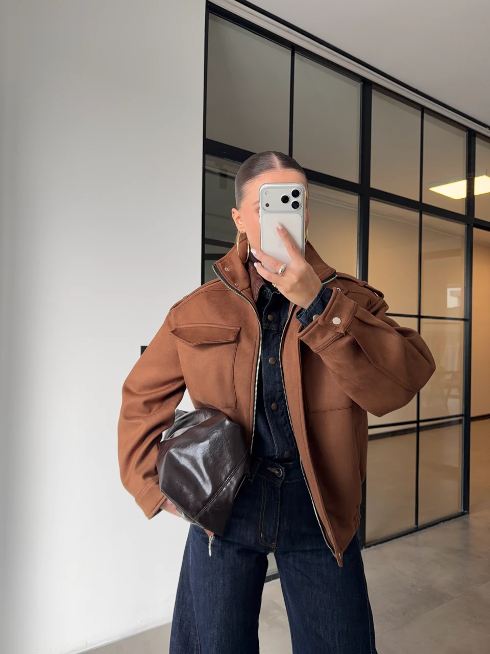 GENİŞ CEPLİ SÜET BOMBER CEKET - Taba