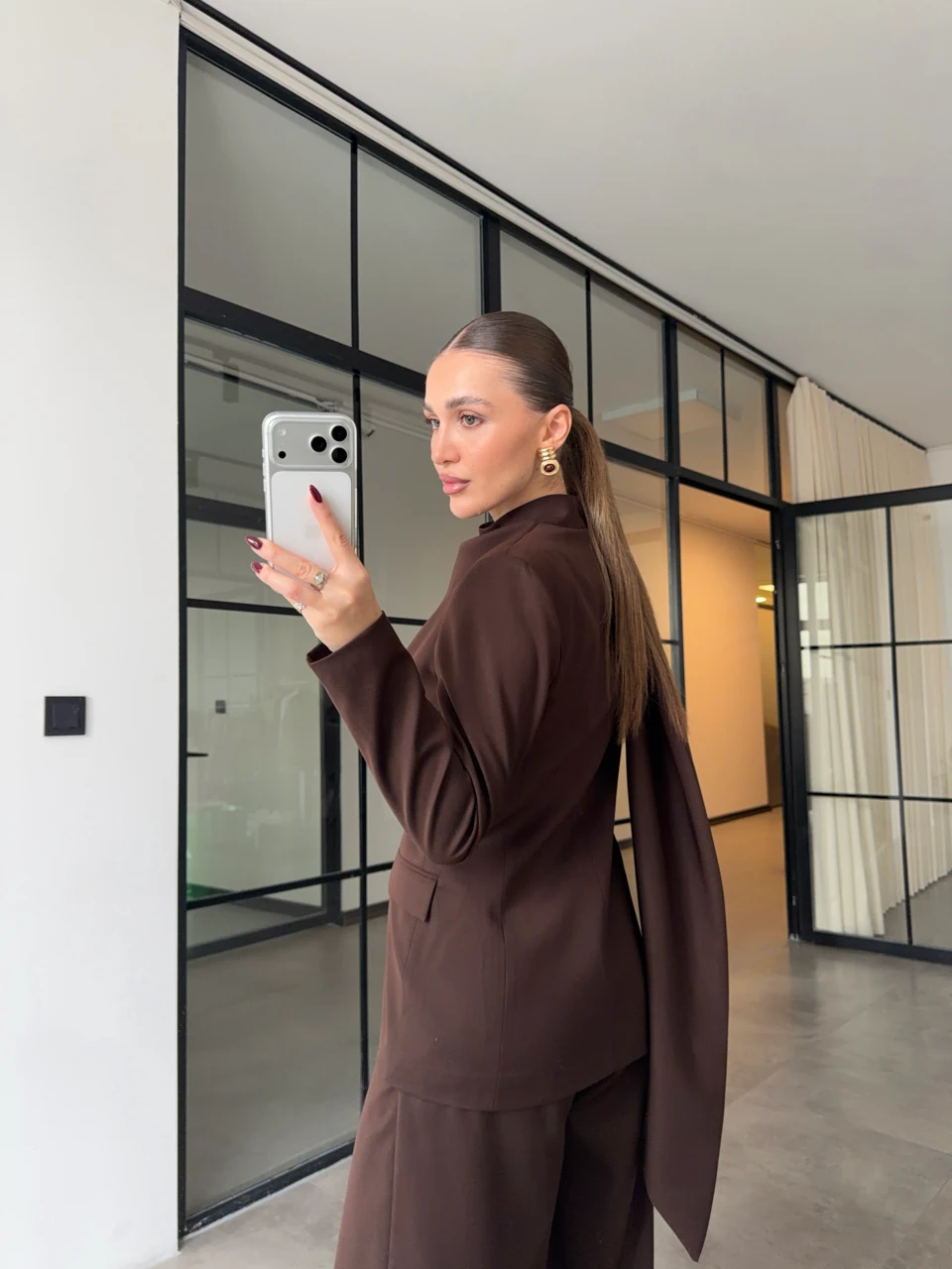 ŞAL DETAYLI CEKET PANTOLON KAHVERENGİ TAKIM