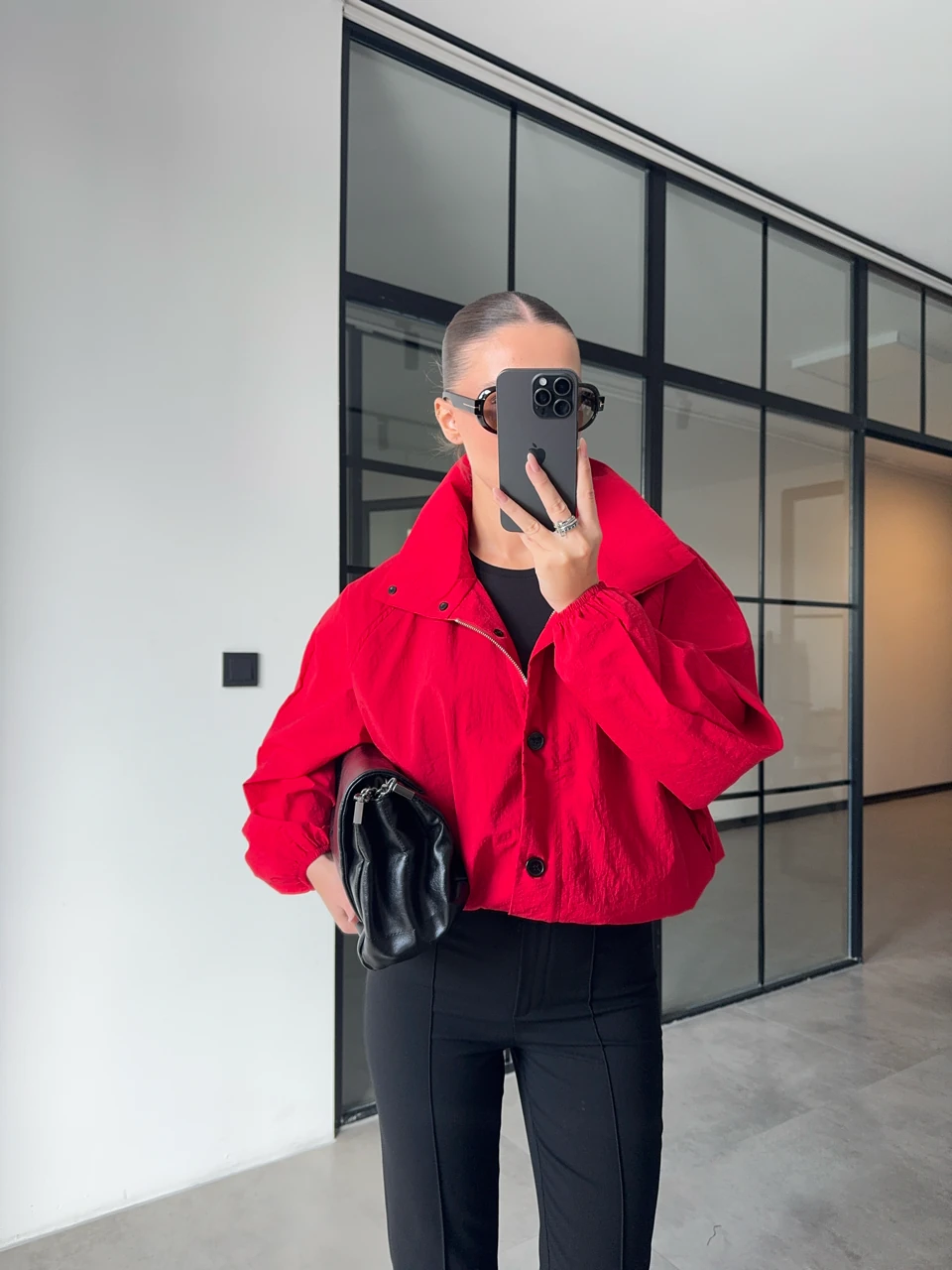 KIRMIZI DİK YAKA BOMBER CEKET