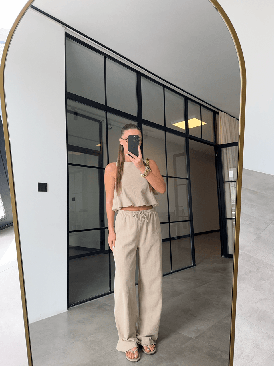 CROP ÜST BELİ LASTİKLİ PANTOLON BEJ KETEN TAKIM