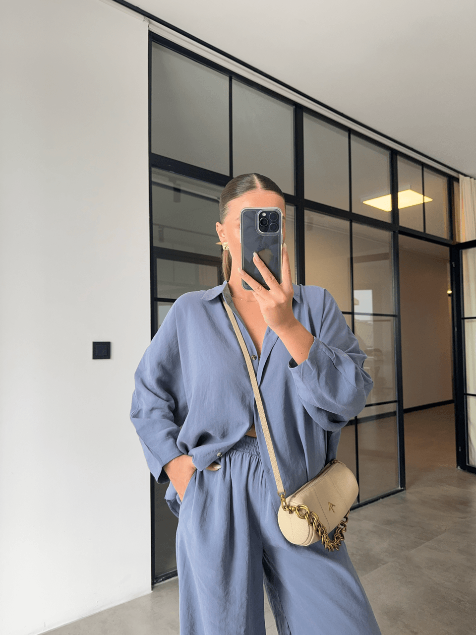 TENCEL KUMAŞ GRİ MAVİ GÖMLEK PANTOLON TAKIM