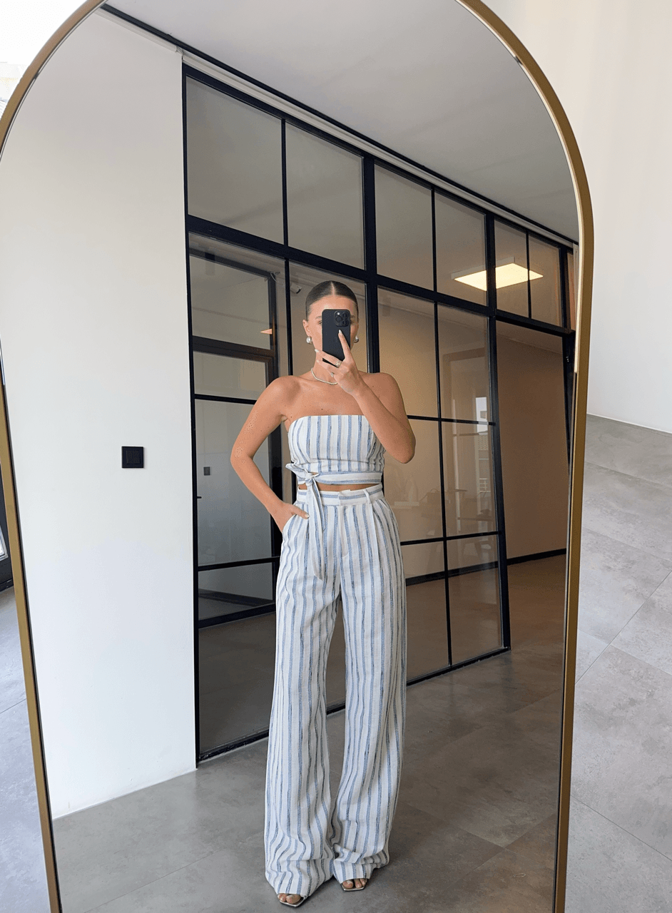 MAVİ DOKULU ÇİZGİLİ STRAPLEZ BLUZ PALAZZO TAKIM