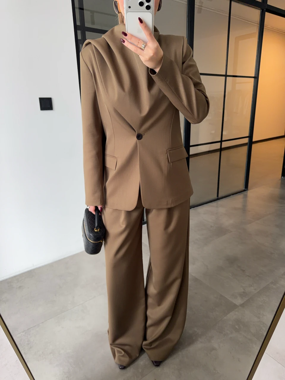 ŞAL DETAYLI CEKET PANTOLON VİZON TAKIM