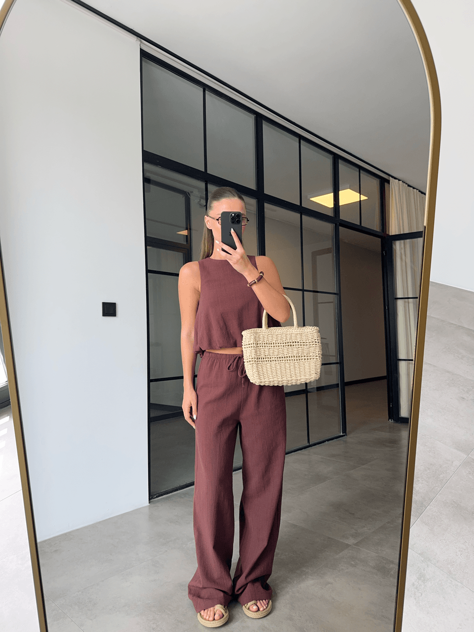 CROP ÜST BELİ LASTİKLİ PANTOLON MÜRDÜM KETEN TAKIM