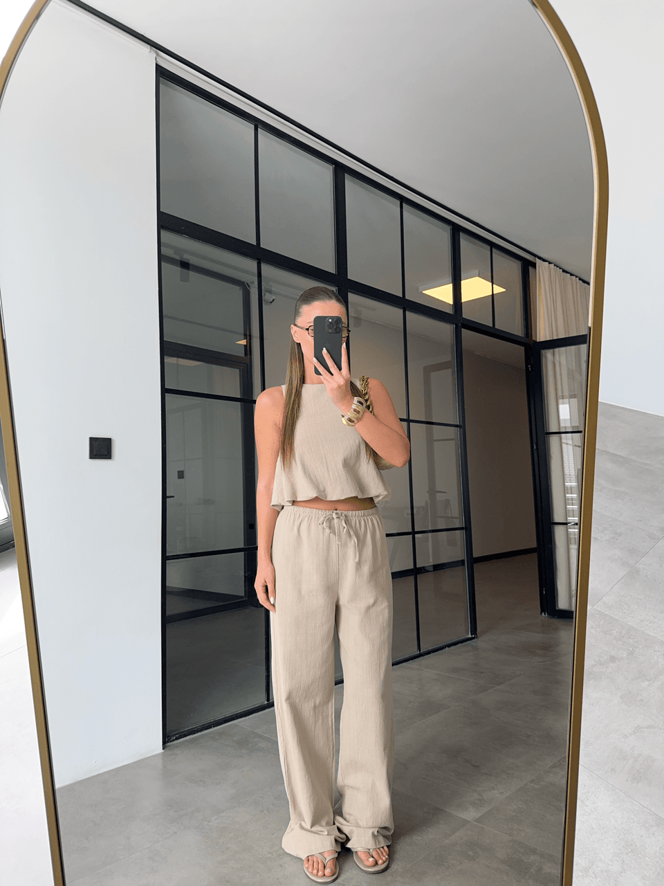 CROP ÜST BELİ LASTİKLİ PANTOLON BEJ KETEN TAKIM