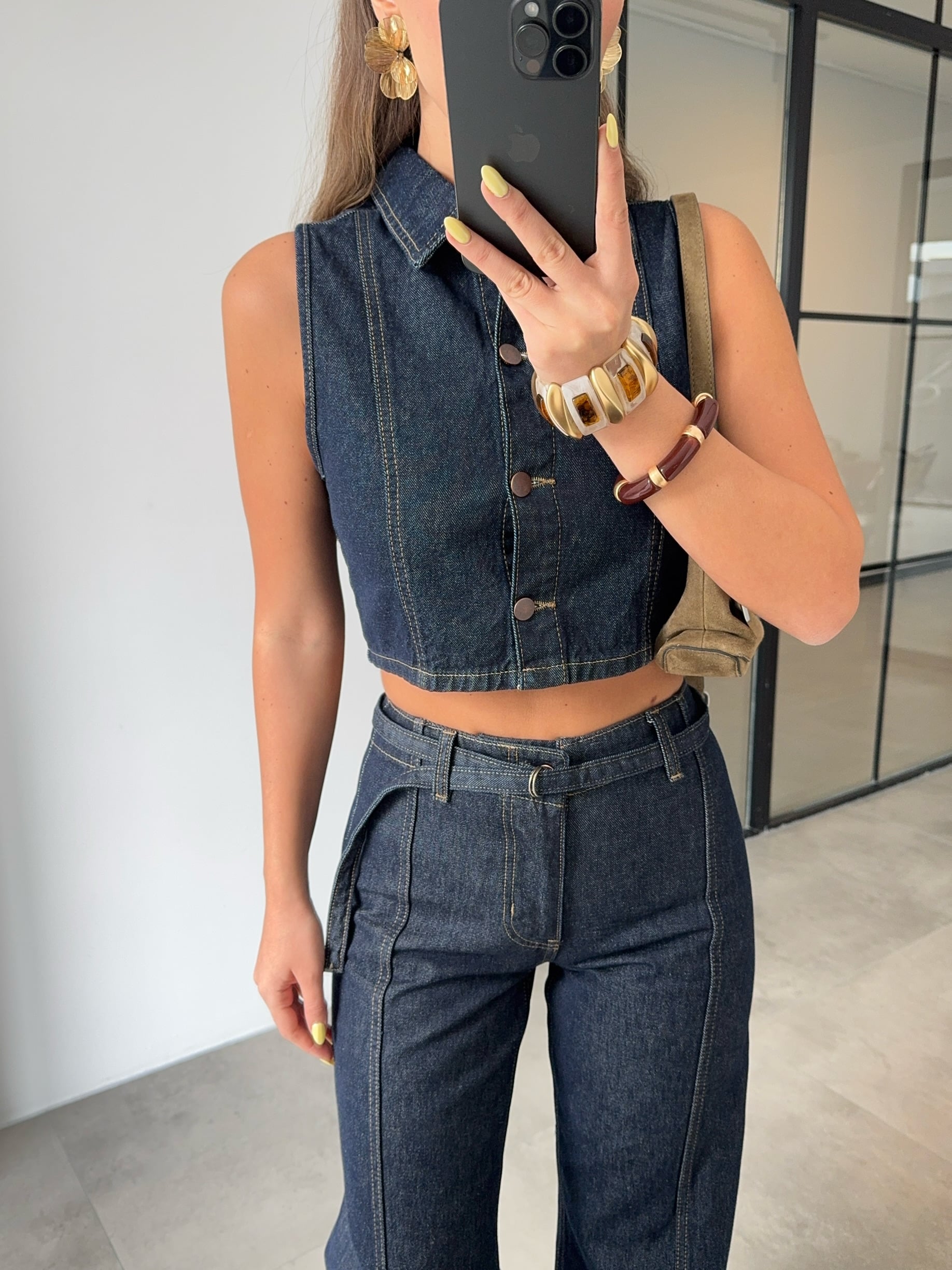 CROP YELEK KEMERLİ PANTOLON DENİM TAKIM
