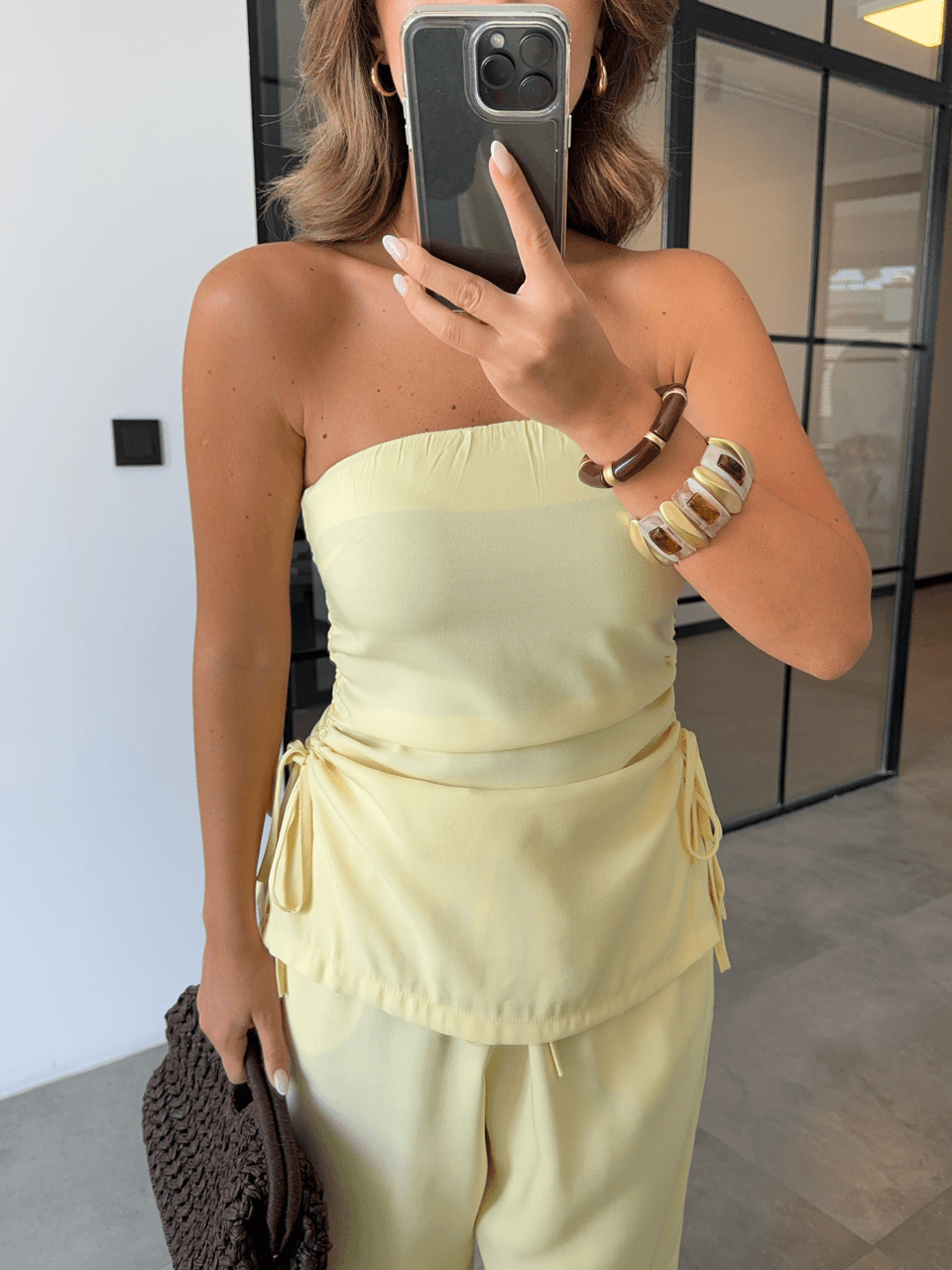 STRAPLESS GATHERED YELLOW SUIT
