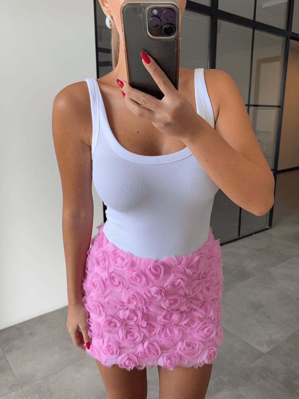 KABARTMA GÜL DETAYLI PEMBE MİNİ ETEK