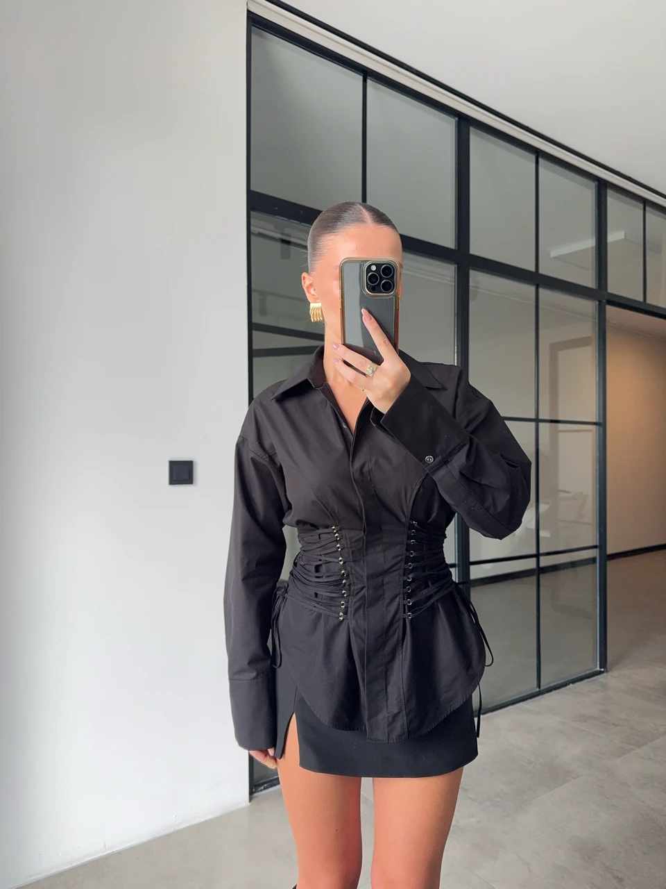 KUŞGÖZLÜ İP BAĞLAMALI SİYAH TASARIM GÖMLEK