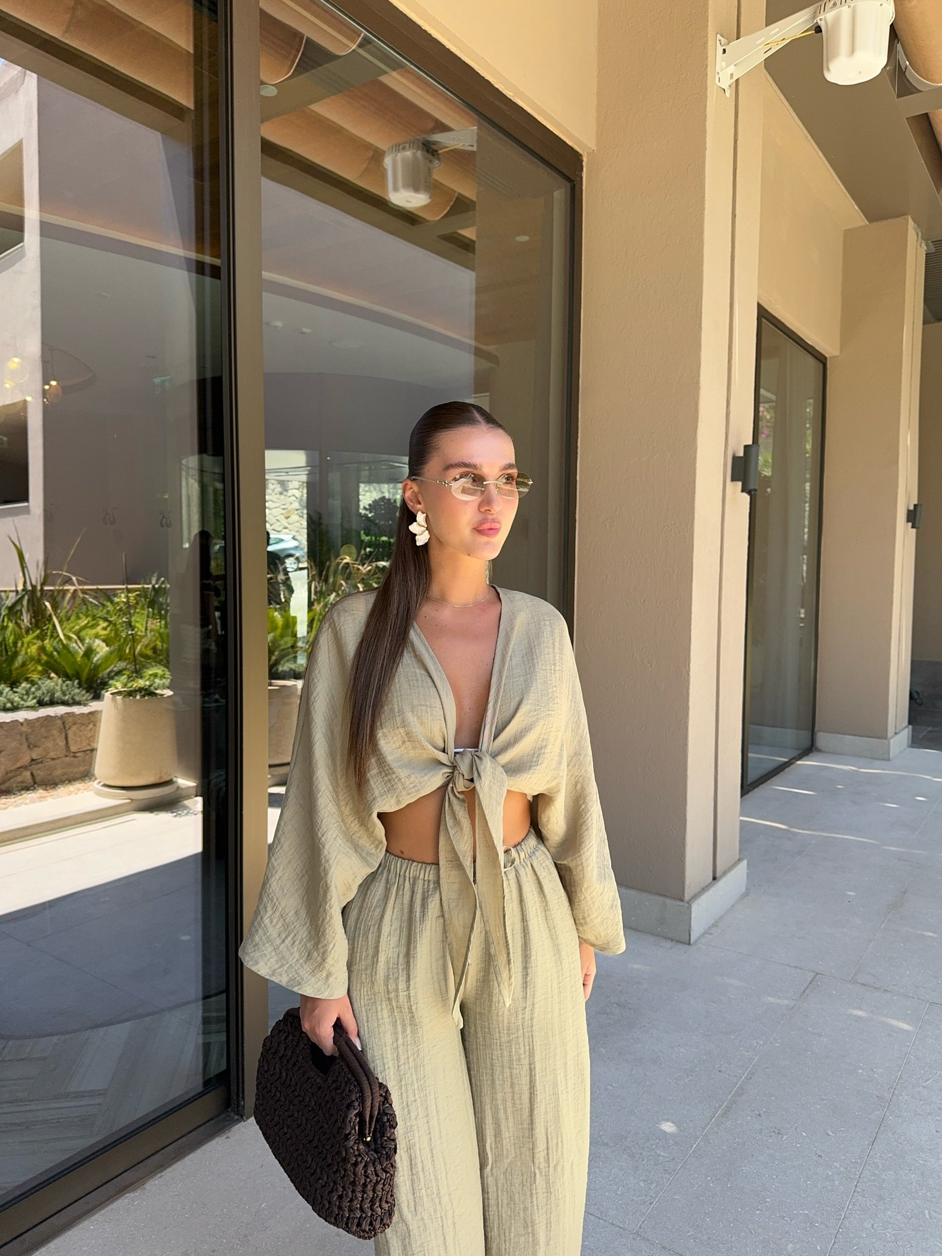BAĞLAMALI CROP BLUZ PANTOLON HAKİ GOFRE TAKIM