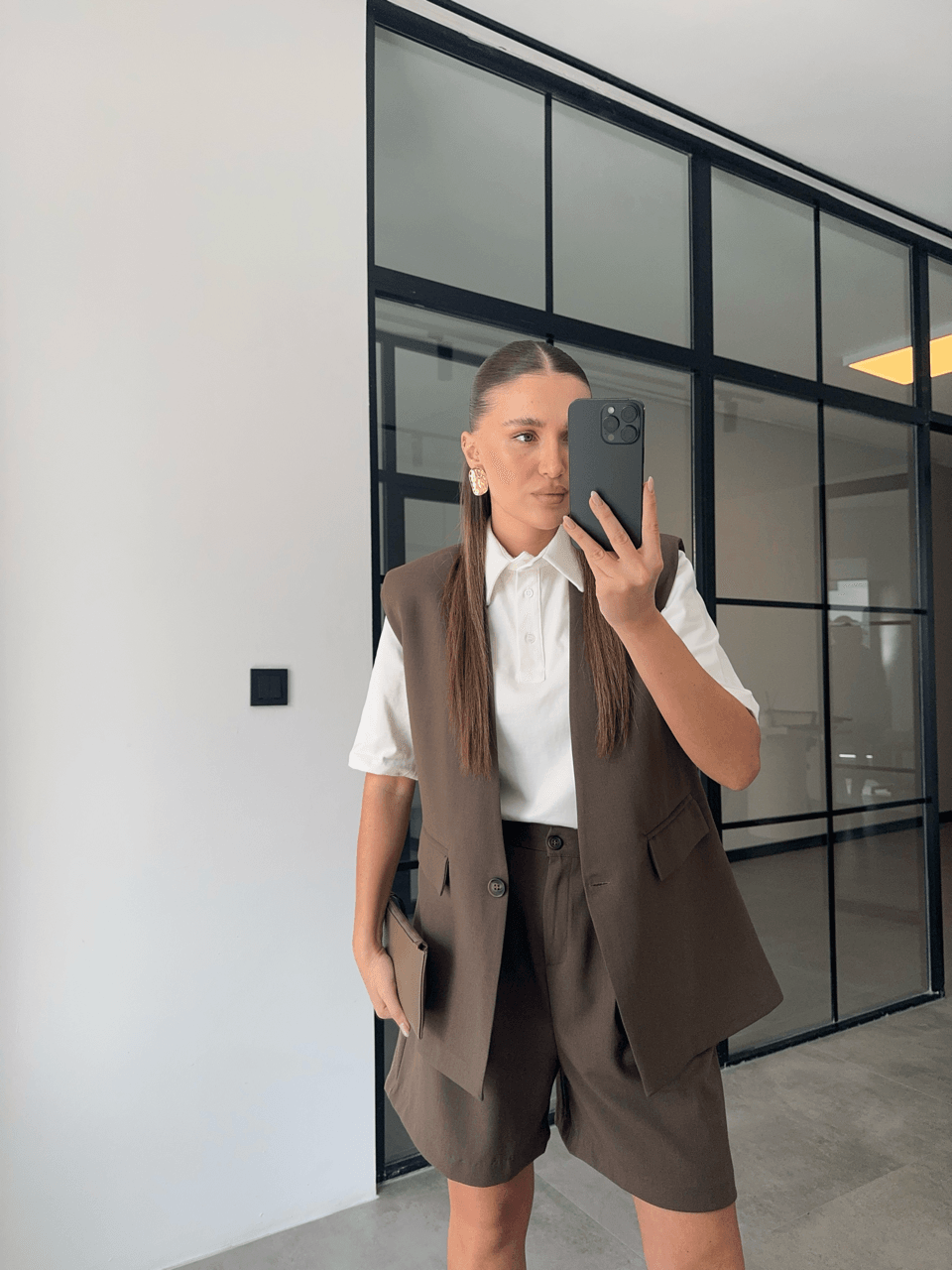 MİDİ BOY ŞORT YELEK KAHVERENGİ KETEN TAKIM