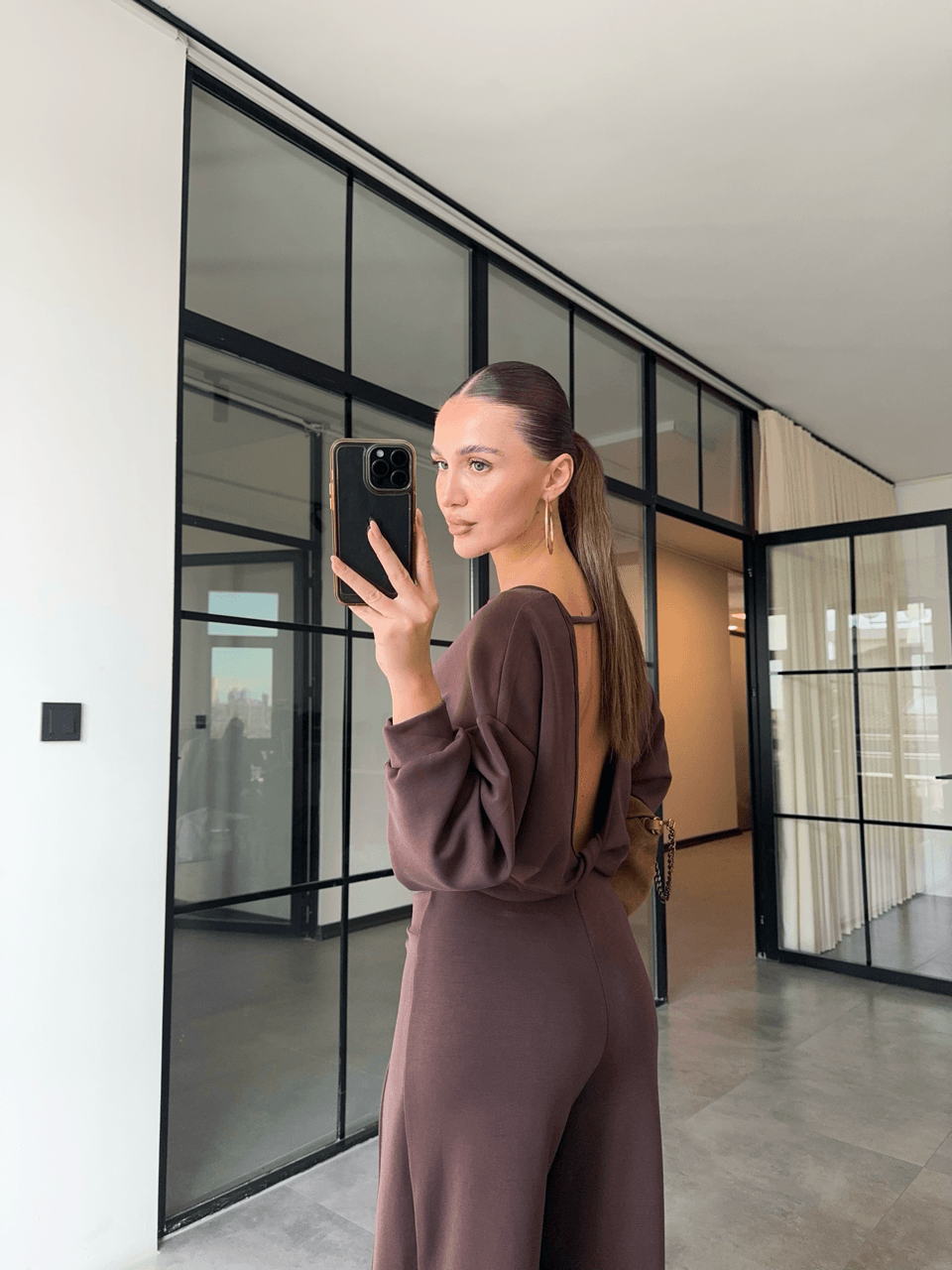 SIRT DEKOLTELİ SWEAT DÜĞÜMLÜ PANTOLON KAHVERENGİ MODAL TAKIM