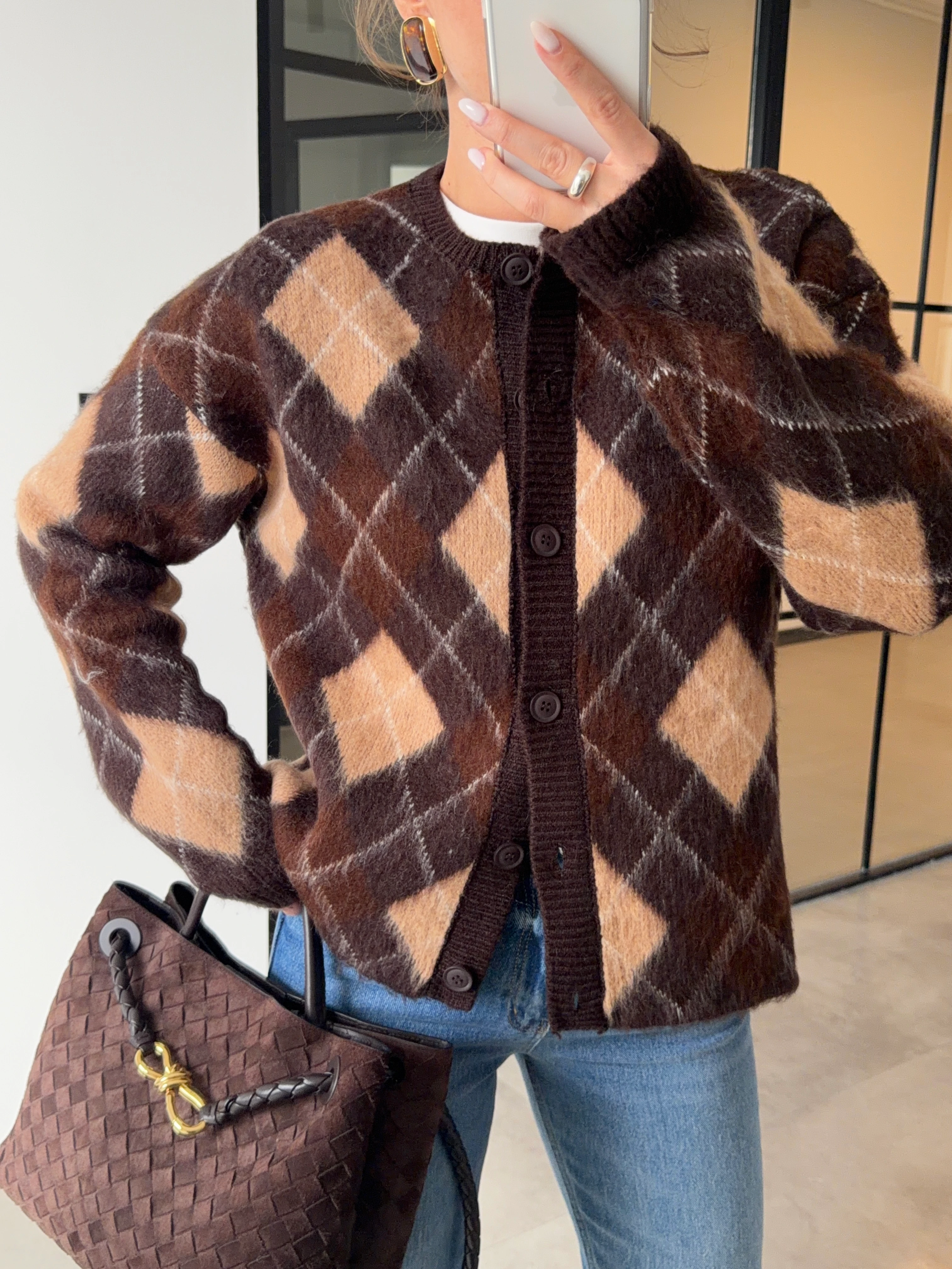 BAKLAVA DESENLİ ŞARDONLU KAHVERENGİ HIRKA