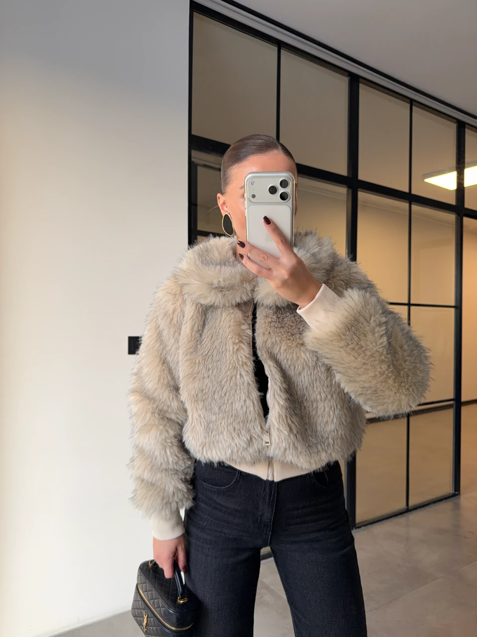 KIRÇILLI CROP KÜRK - Ekru