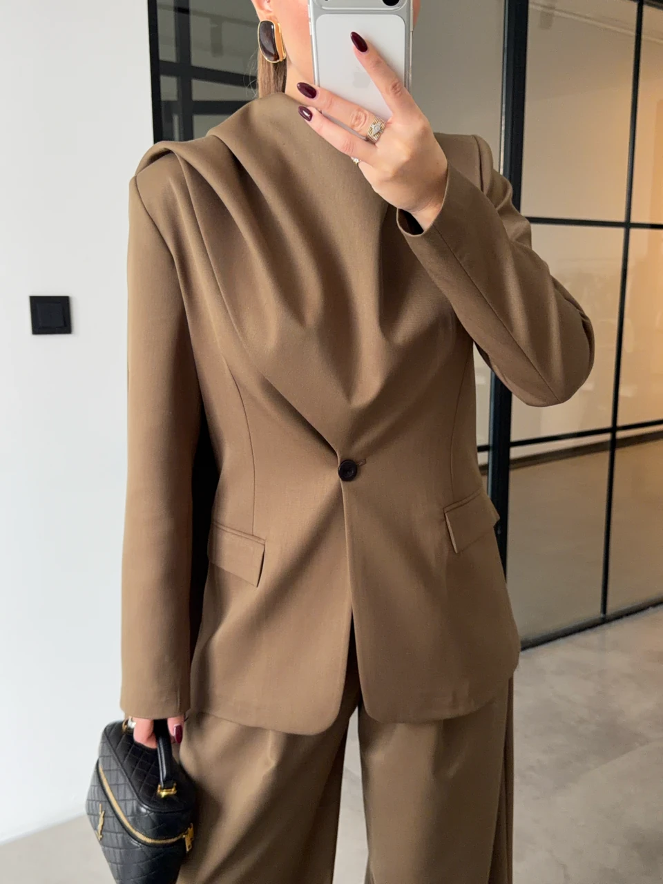 ŞAL DETAYLI CEKET PANTOLON VİZON TAKIM