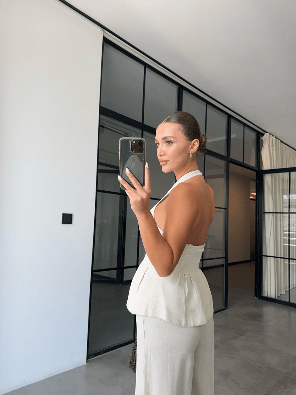 BOYUNDAN GEÇMELİ YELEK PANTOLON NATURAL KETEN TAKIM