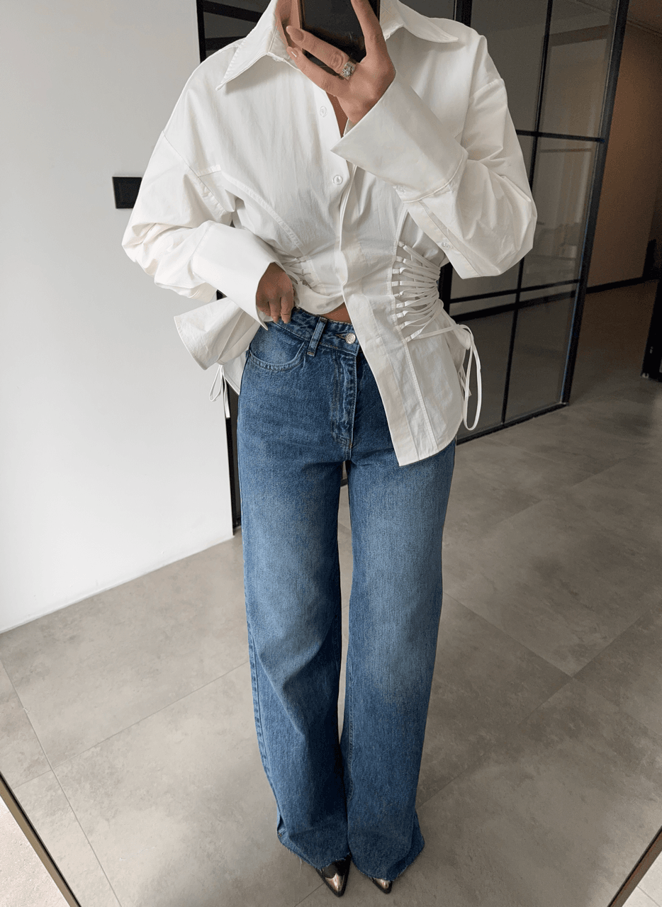 KESİK PAÇA WİDE LEG MAVİ KAR YIKAMA JEAN