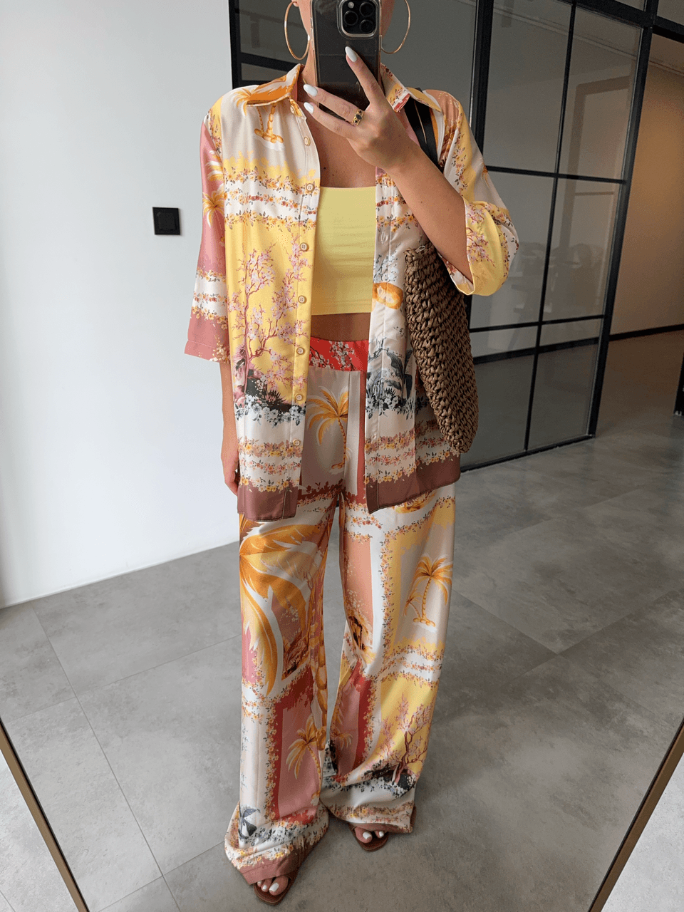 PATTERNED SHINY SATIN SHIRT AND TROUSER SET