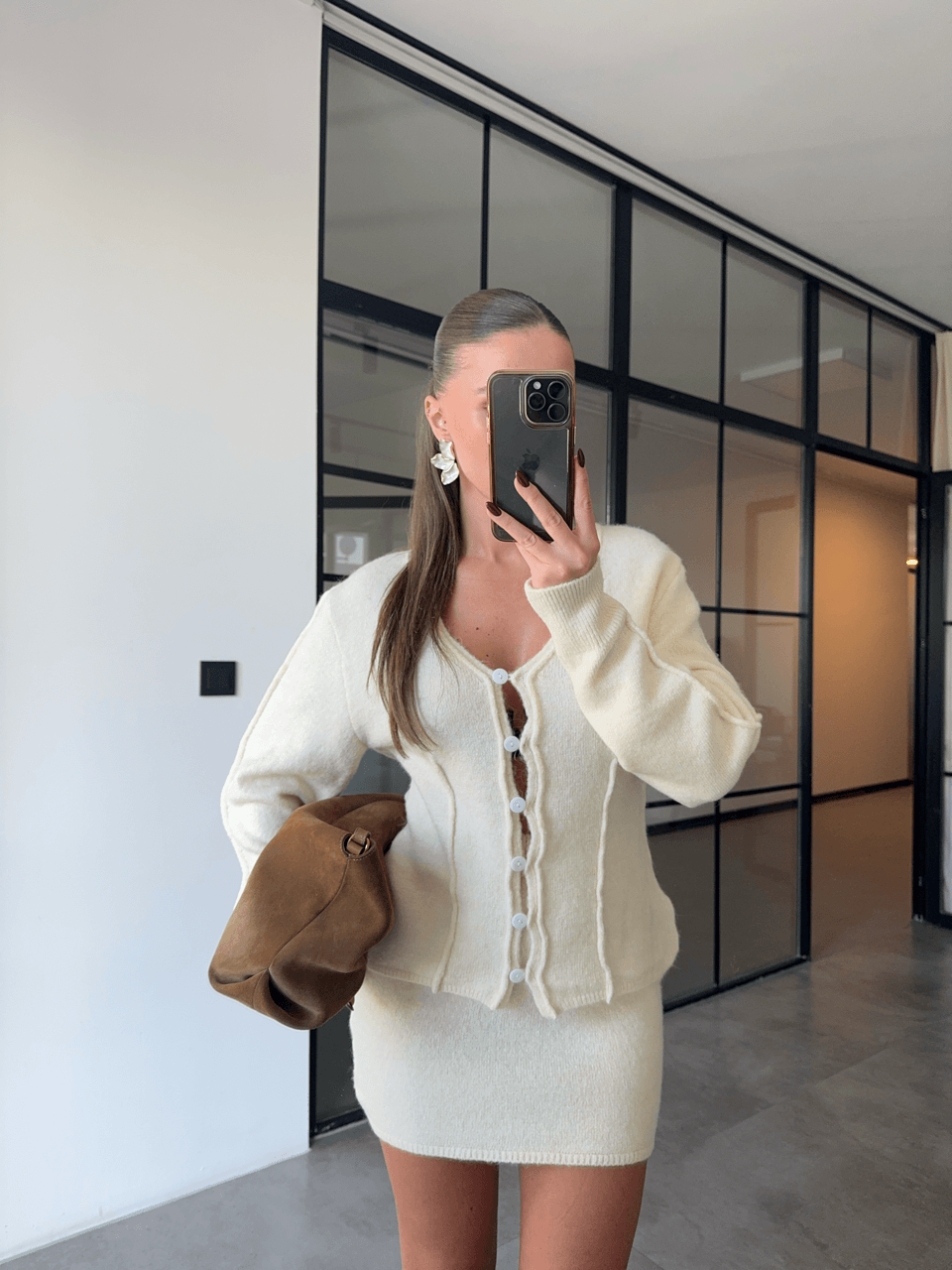 DÜĞMELİ HIRKA MİNİ ETEK EKRU TRİKO TAKIM