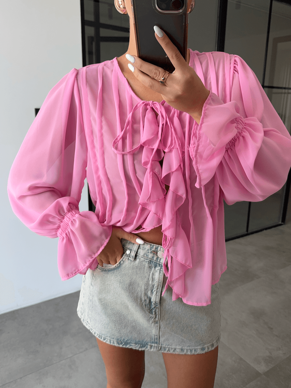 FIRFIRLI PEMBE ŞİFON BLUZ