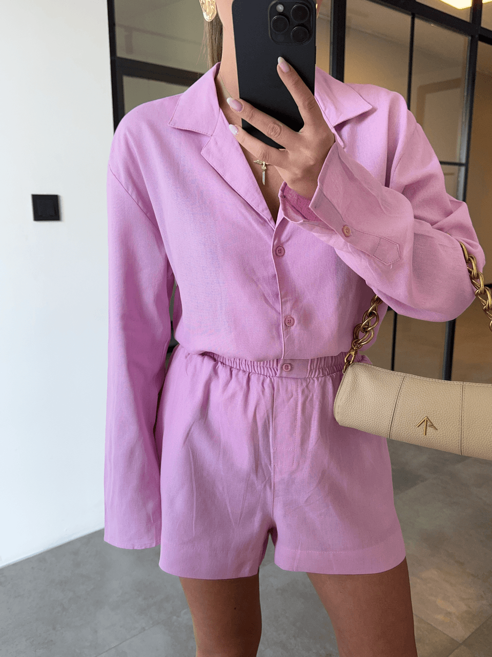 LONG SLEEVE SHIRT BUTTONED SHORTS PINK LINEN SET