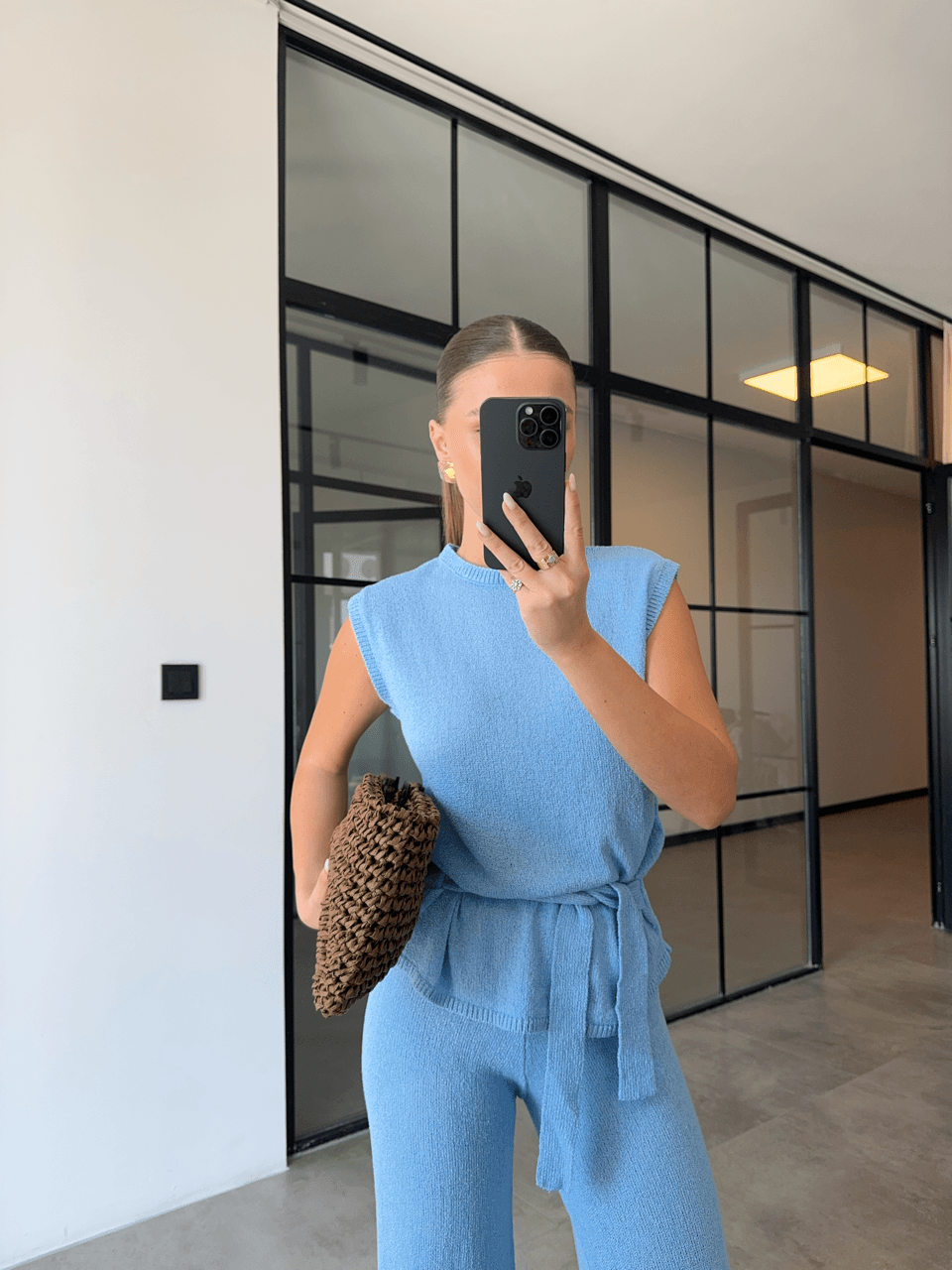 SIFIRKOL BAĞLAMALI BLUZ PANTOLON MAVİ İNCE TRİKO TAKIM