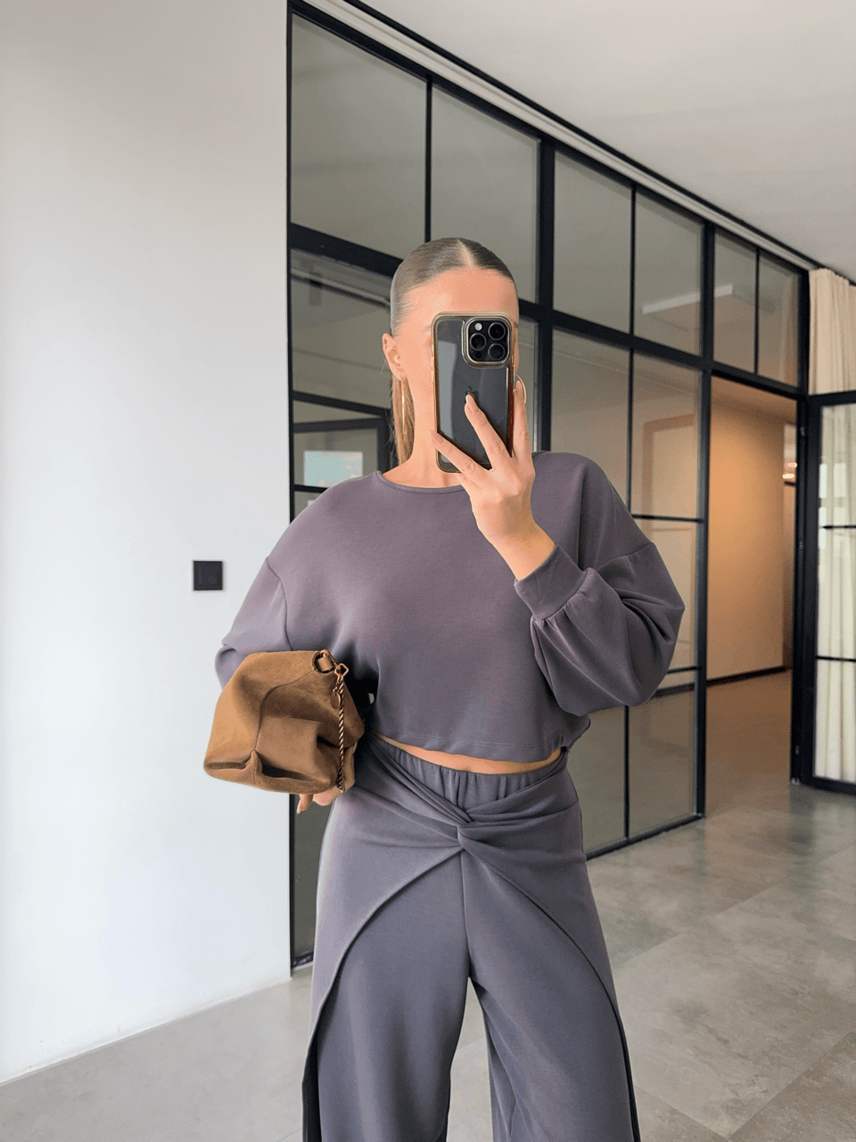 SIRT DEKOLTELİ SWEAT DÜĞÜMLÜ PANTOLON ANTRASİT MODAL TAKIM