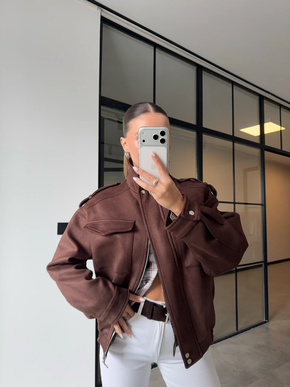 GENİŞ CEPLİ SÜET BOMBER CEKET - Kahverengi