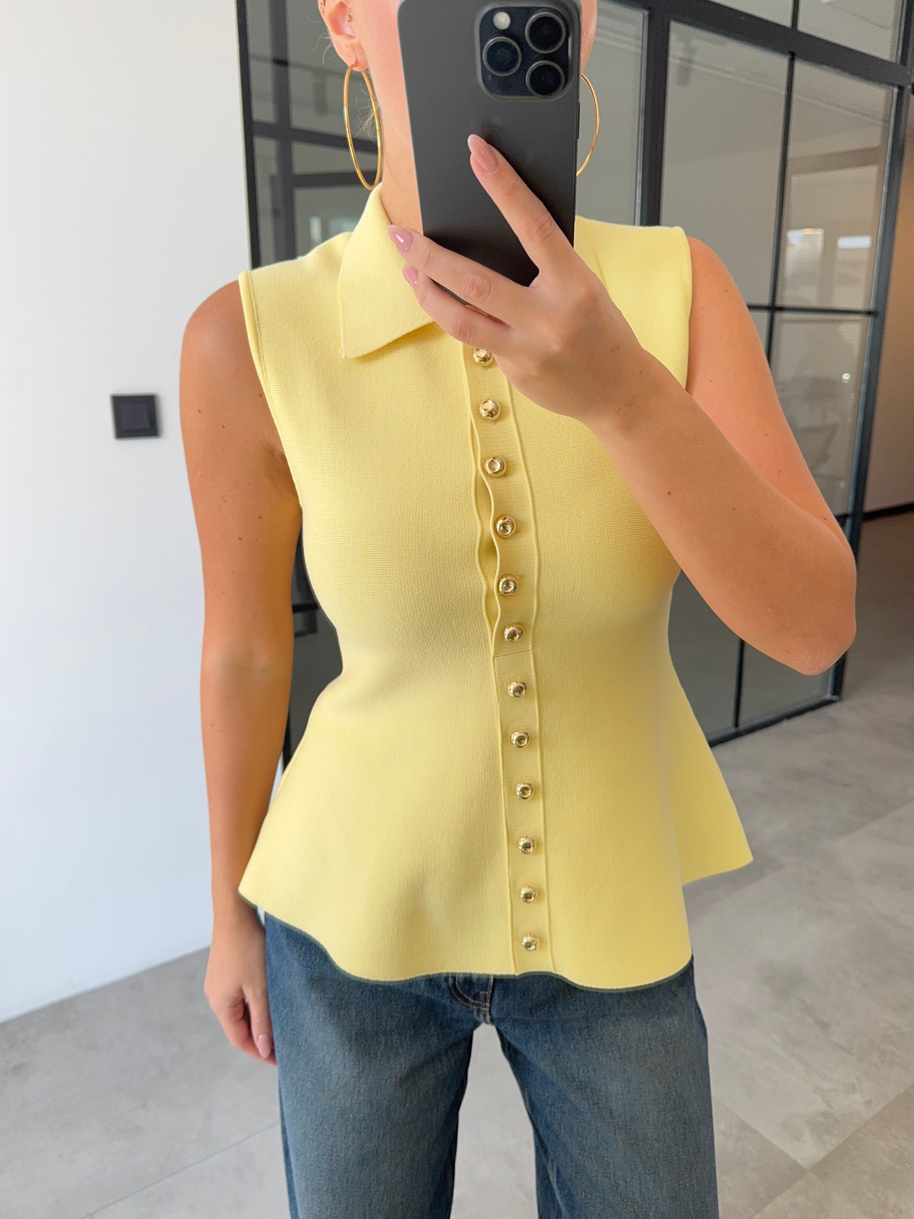 ÇELİK ÖRME GOLD DÜĞMELİ YAKALI SARI BLUZ 