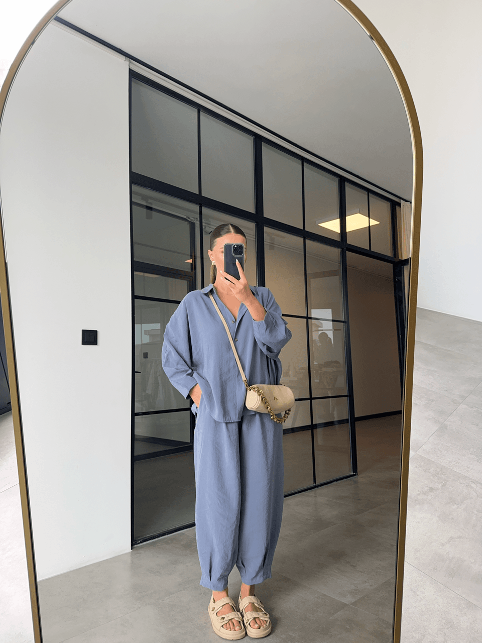 TENCEL KUMAŞ GRİ MAVİ GÖMLEK PANTOLON TAKIM