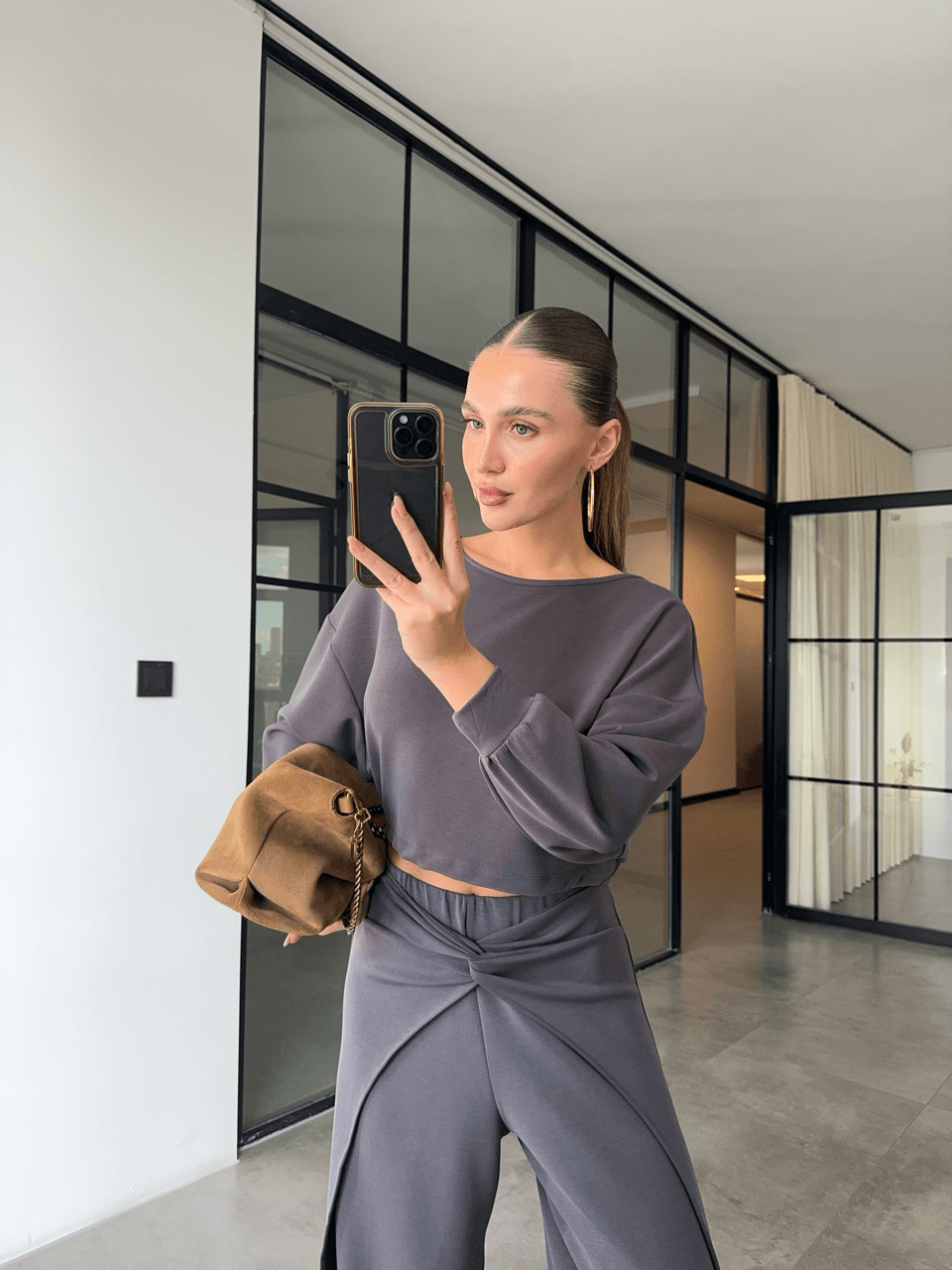 SIRT DEKOLTELİ SWEAT DÜĞÜMLÜ PANTOLON ANTRASİT MODAL TAKIM