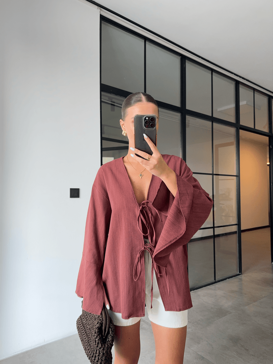 BAĞLAMALI KETEN BORDO KİMONO