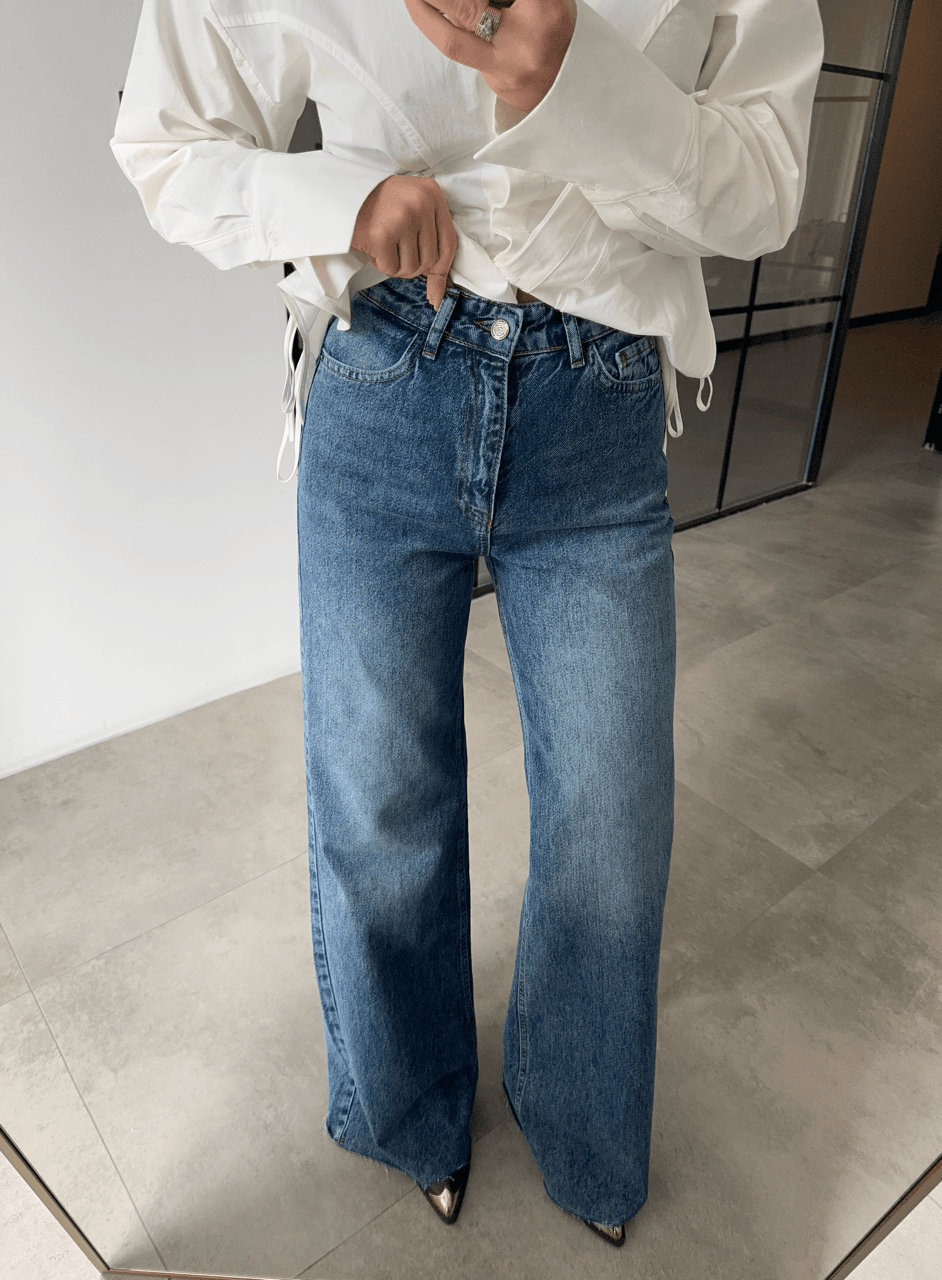 KESİK PAÇA WİDE LEG MAVİ KAR YIKAMA JEAN