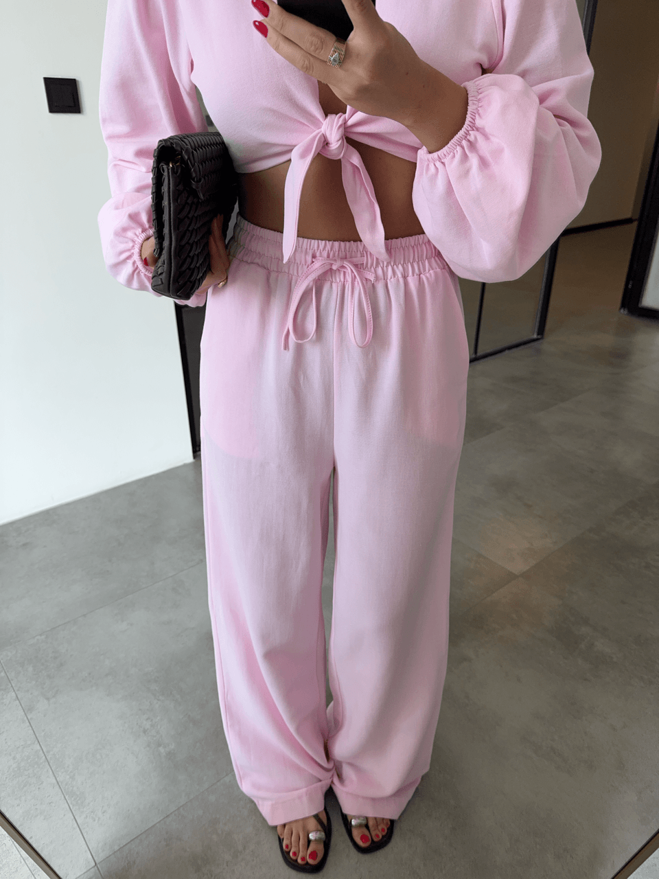 BAĞLAMALI CROP BLUZ PANTOLON PEMBE KETEN TAKIM