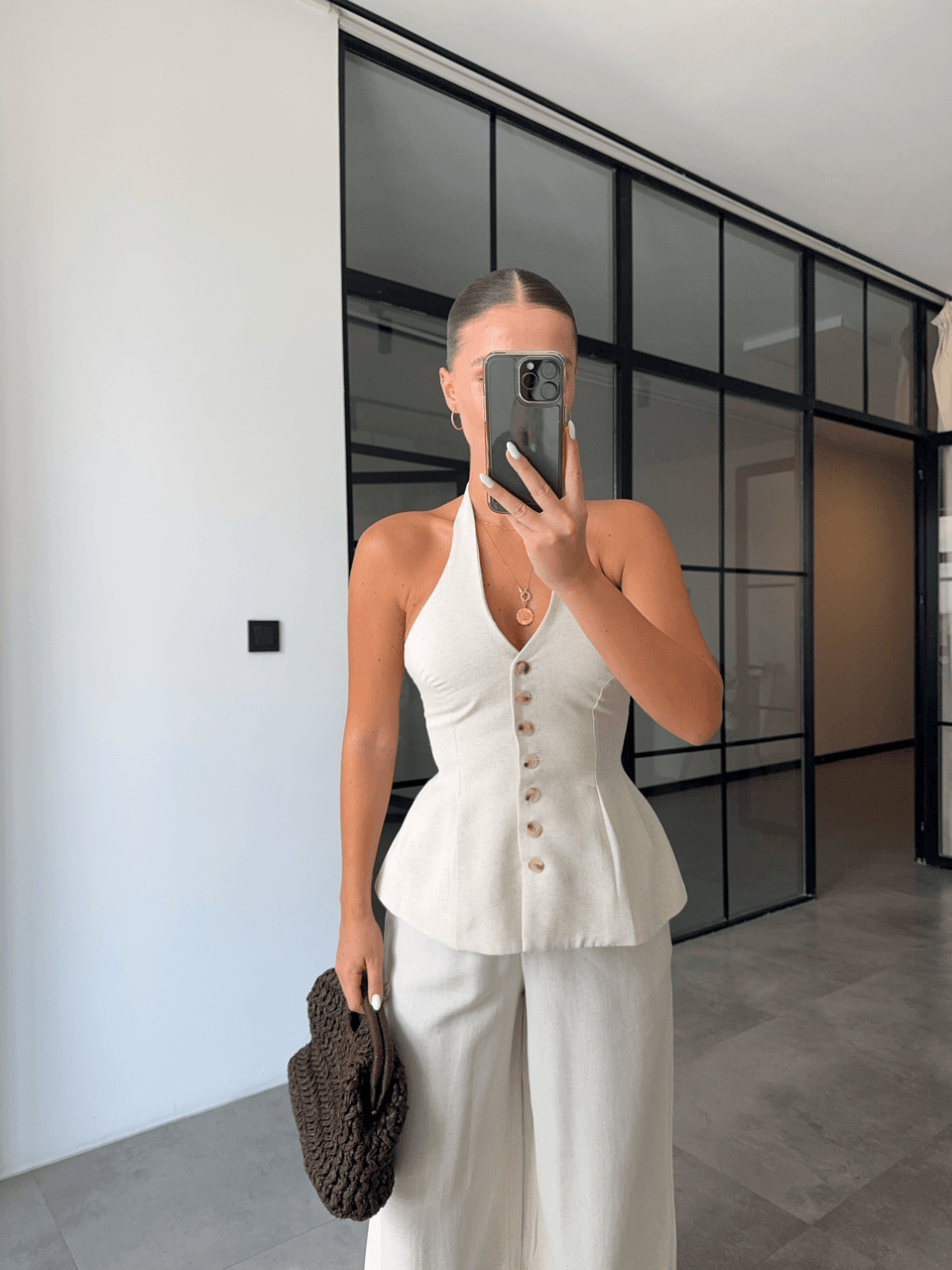 BOYUNDAN GEÇMELİ YELEK PANTOLON NATURAL KETEN TAKIM