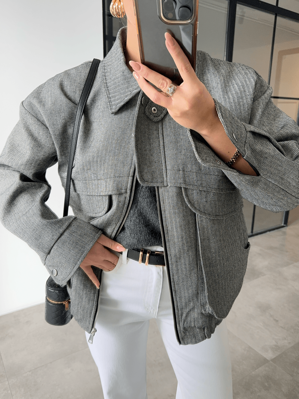 GENİŞ CEPLİ OVERSİZE GRİ KIRÇILLI BOMBER CEKET