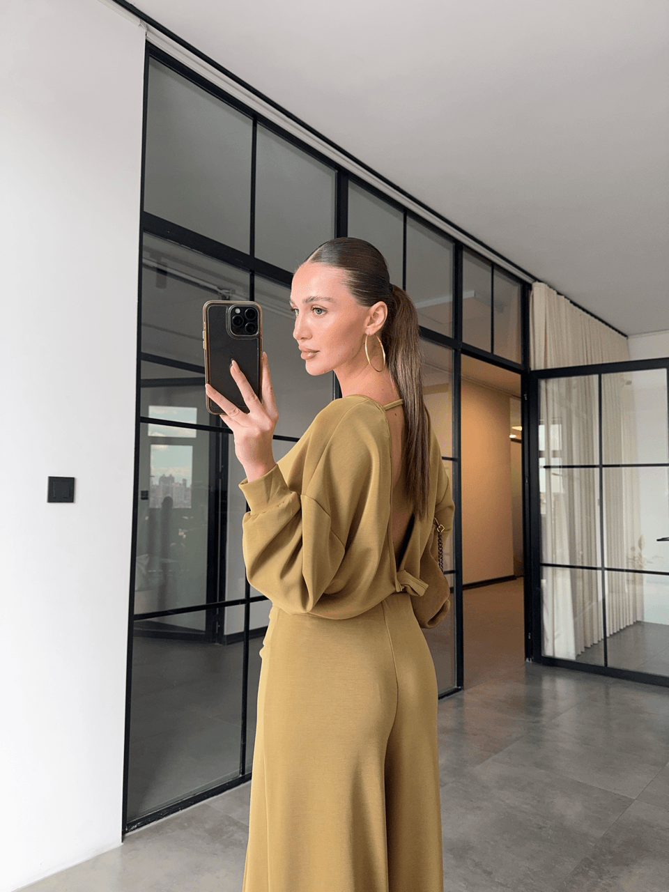 SIRT DEKOLTELİ SWEAT DÜĞÜMLÜ PANTOLON YAĞ YEŞİLİ MODAL TAKIM