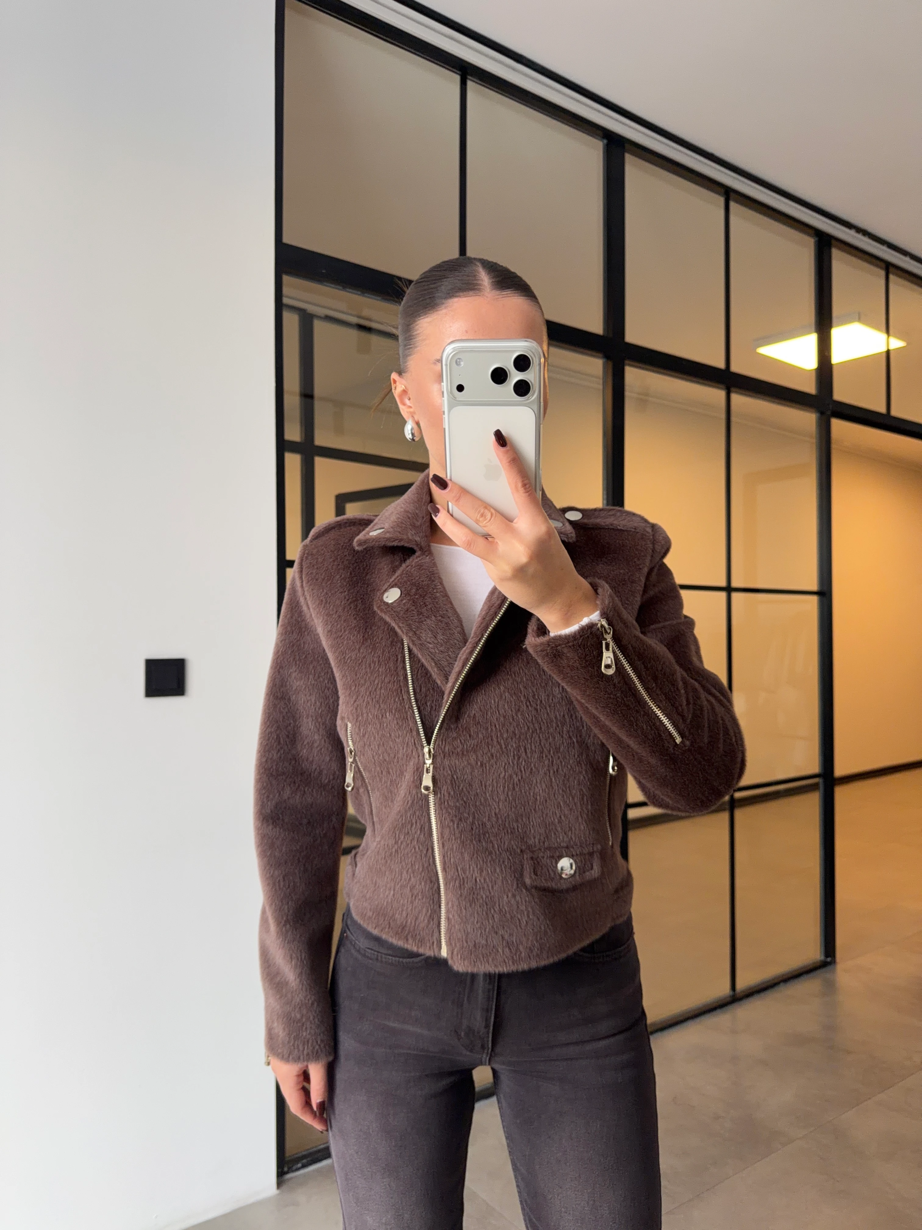 APOLETLİ TÜYLÜ BİKER CEKET - Vizon