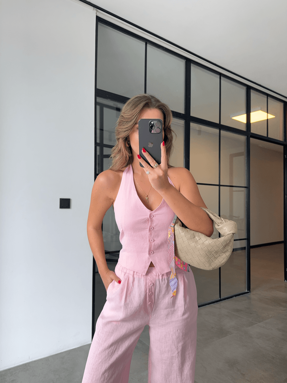 BOYUNDAN BAĞLAMALI %100 PAMUK PEMBE KETEN YELEK