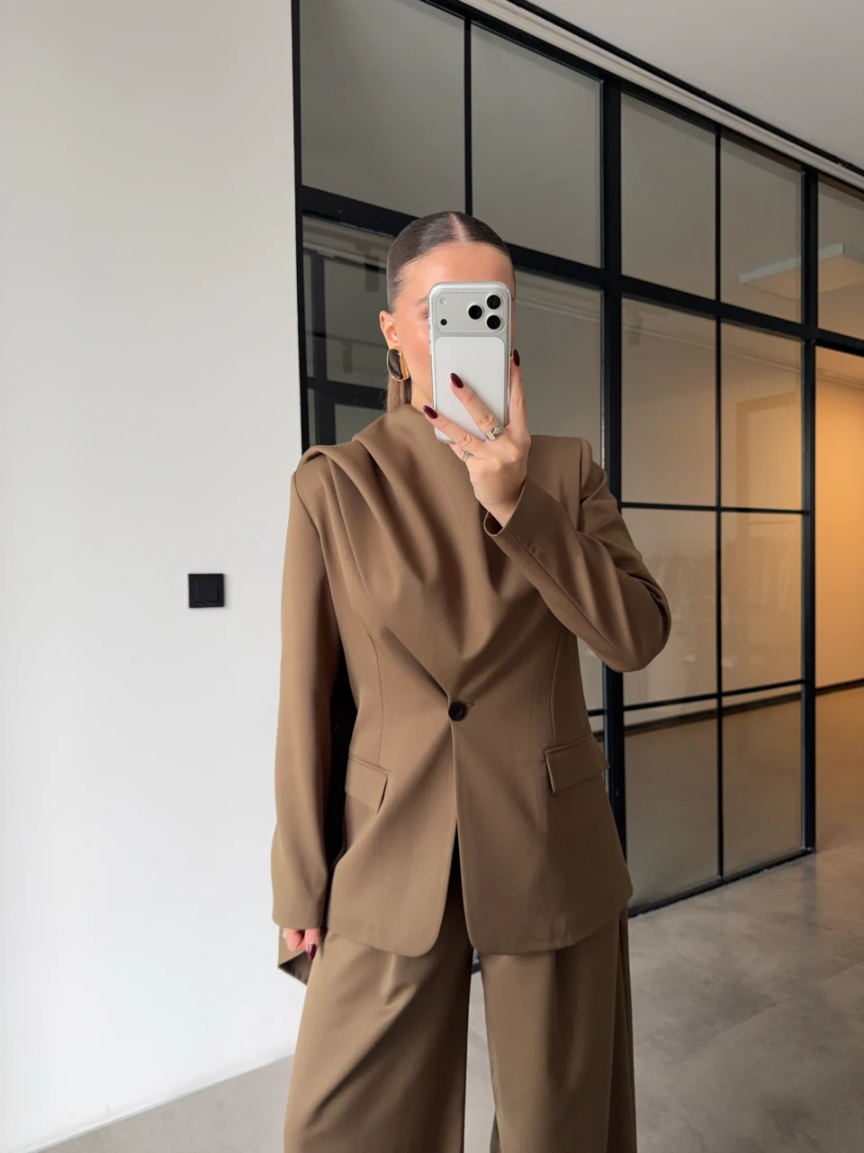 ŞAL DETAYLI CEKET PANTOLON VİZON TAKIM