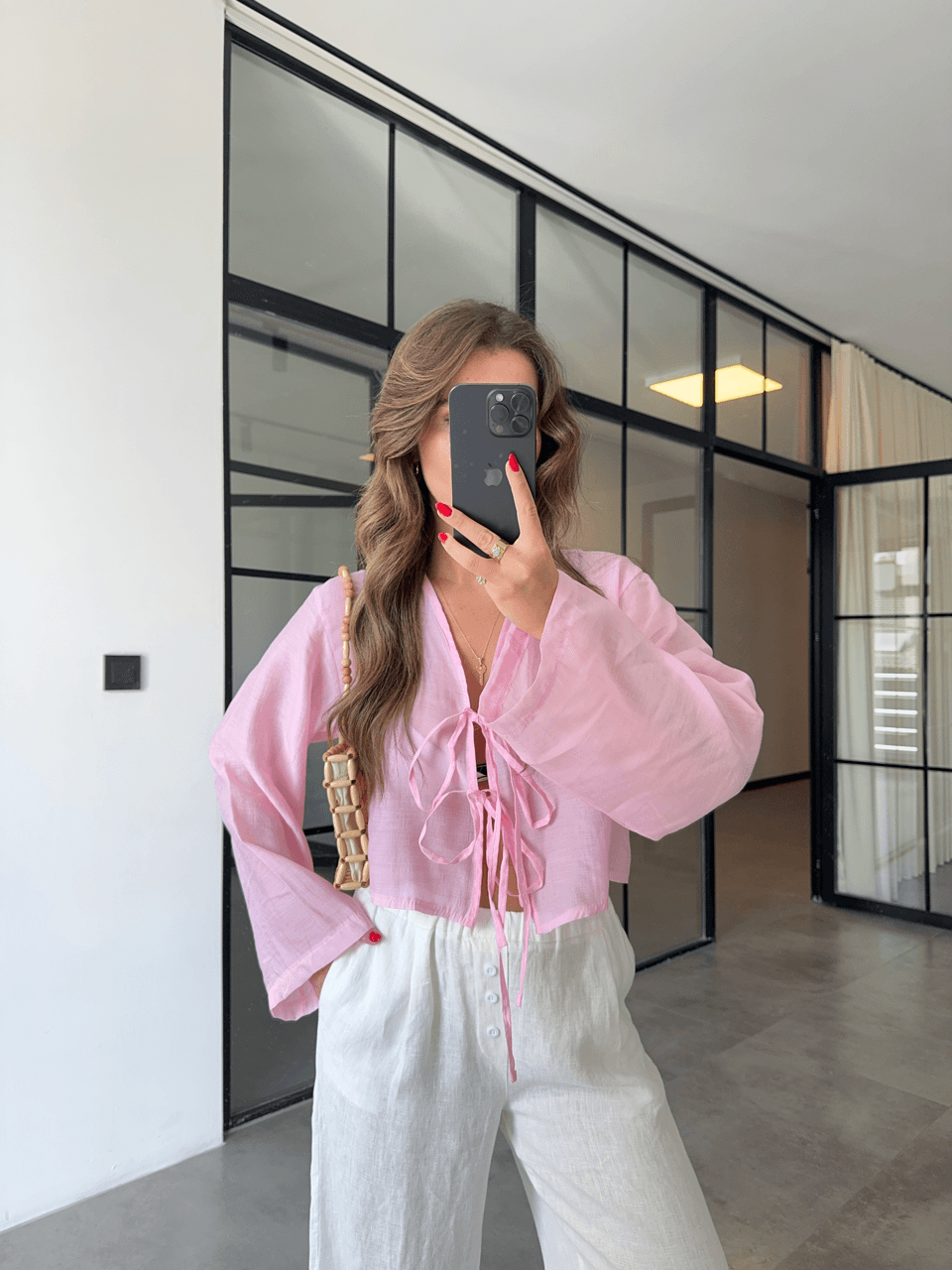 BAĞLAMALI PEMBE TRANSPARAN BLUZ