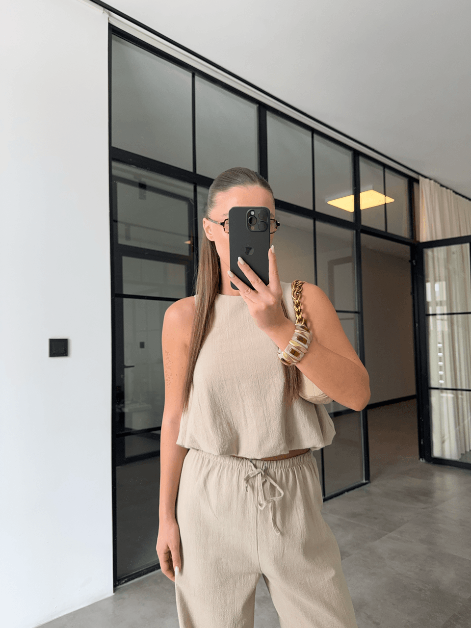 CROP ÜST BELİ LASTİKLİ PANTOLON BEJ KETEN TAKIM