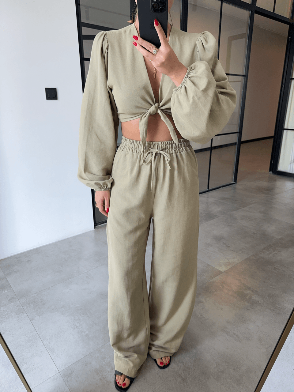 BAĞLAMALI CROP BLUZ PANTOLON HAKİ KETEN TAKIM