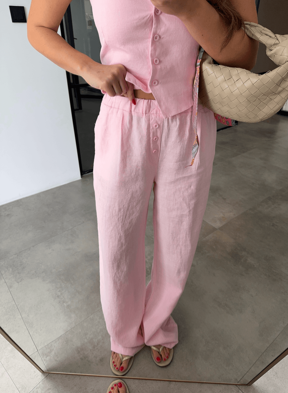 DÜĞME DETAYLI %100 PAMUK PEMBE KETEN PANTOLON