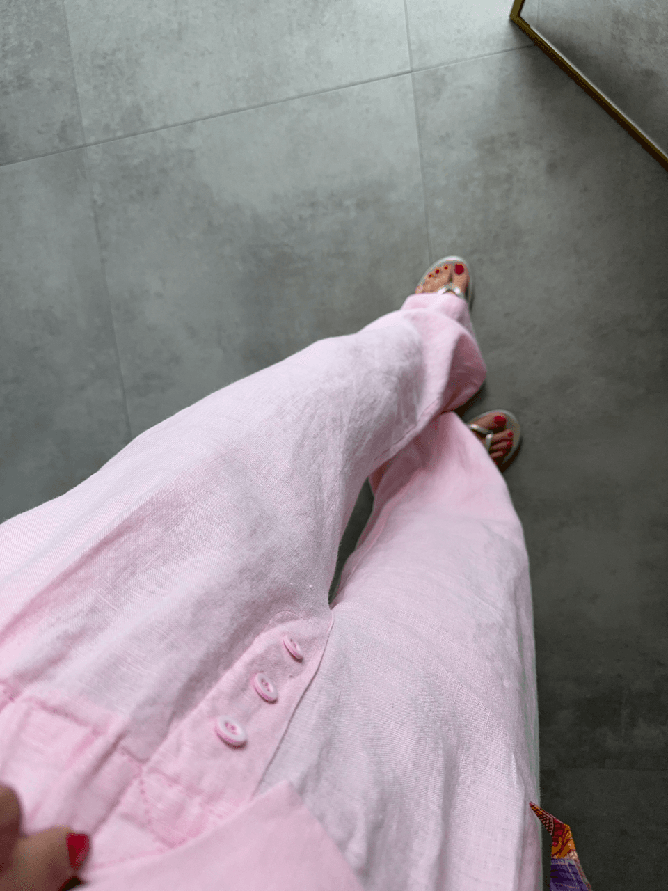 DÜĞME DETAYLI %100 PAMUK PEMBE KETEN PANTOLON
